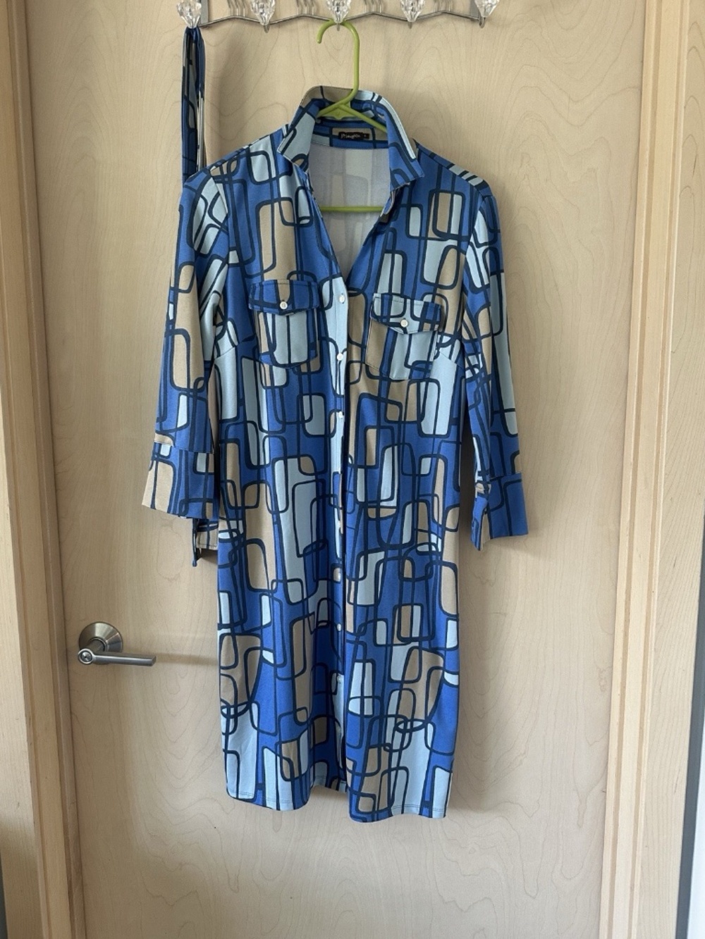 J McLaughlin Geometric Blue Tan White Button Down Collared Shirt Dress Small
